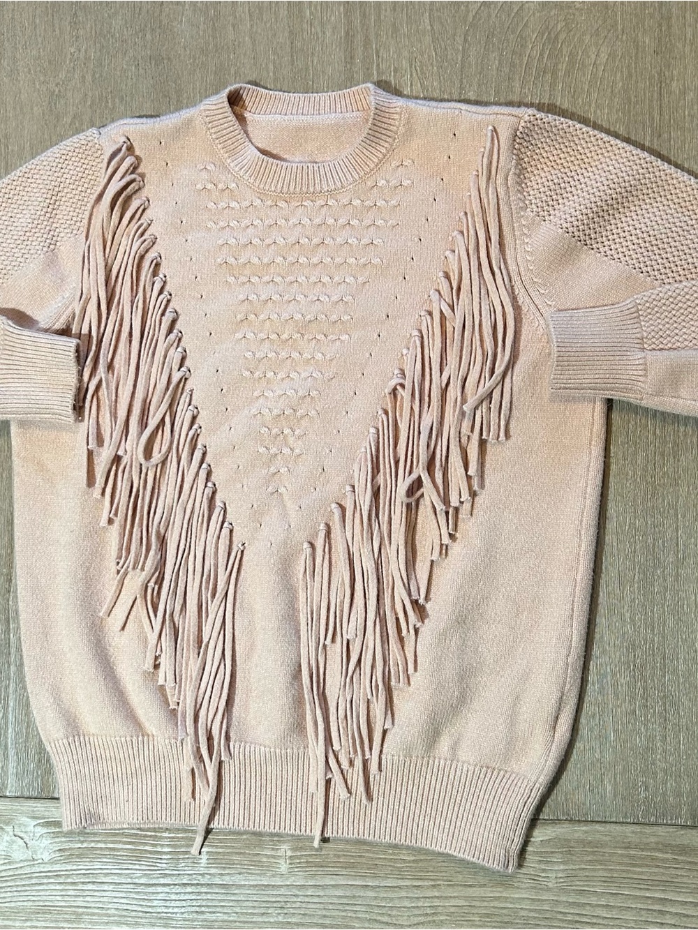 Boho Fringe Cable Knit Pullover Sweater - Blush Pink Cream - Size S